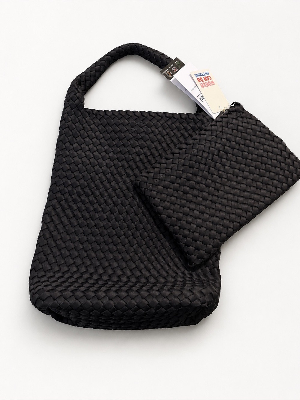 Woven Shoulder Bag with Pouch - Black